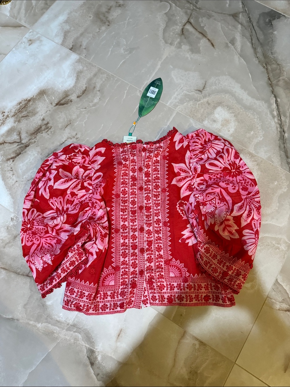 Red Flora Tapestry Embroidered Puff-Sleeve Top NWT - Picture 9 of 11